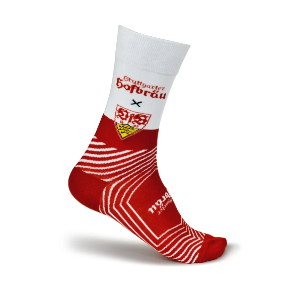 Eine rot-weiße Sportsocke mit den Logos von Stuttgarter Hofbräu